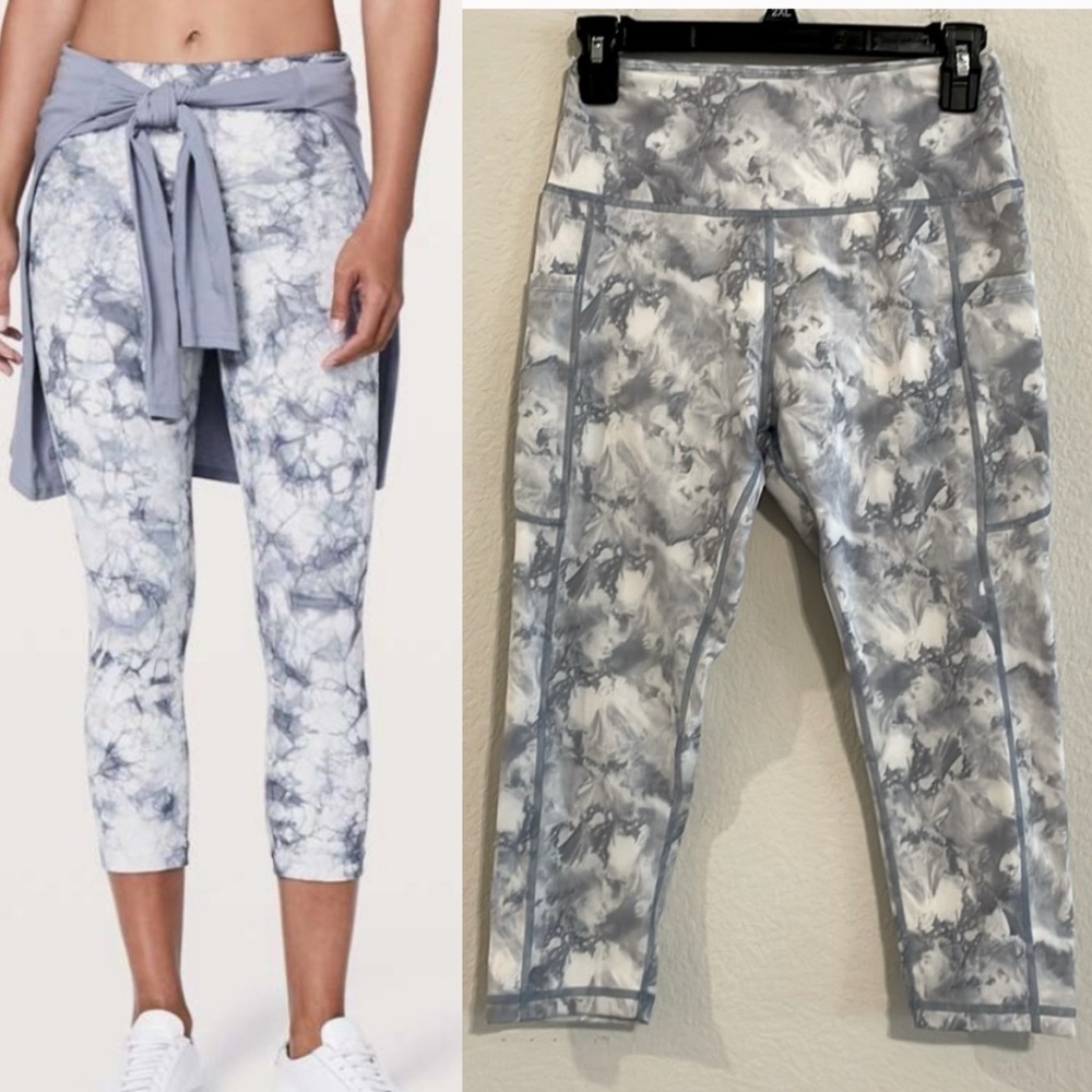 UURUN Women’s Leggings Small Grey & White Tie Dye Cropped Workout Athleisure
